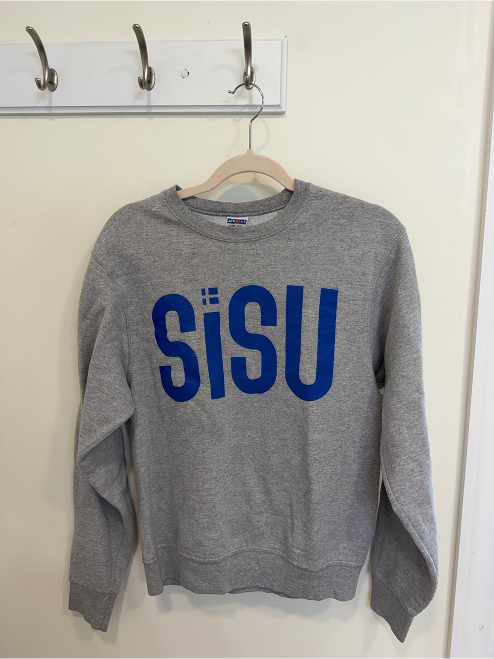 Jerzees Gray Crewneck with Blue Logo